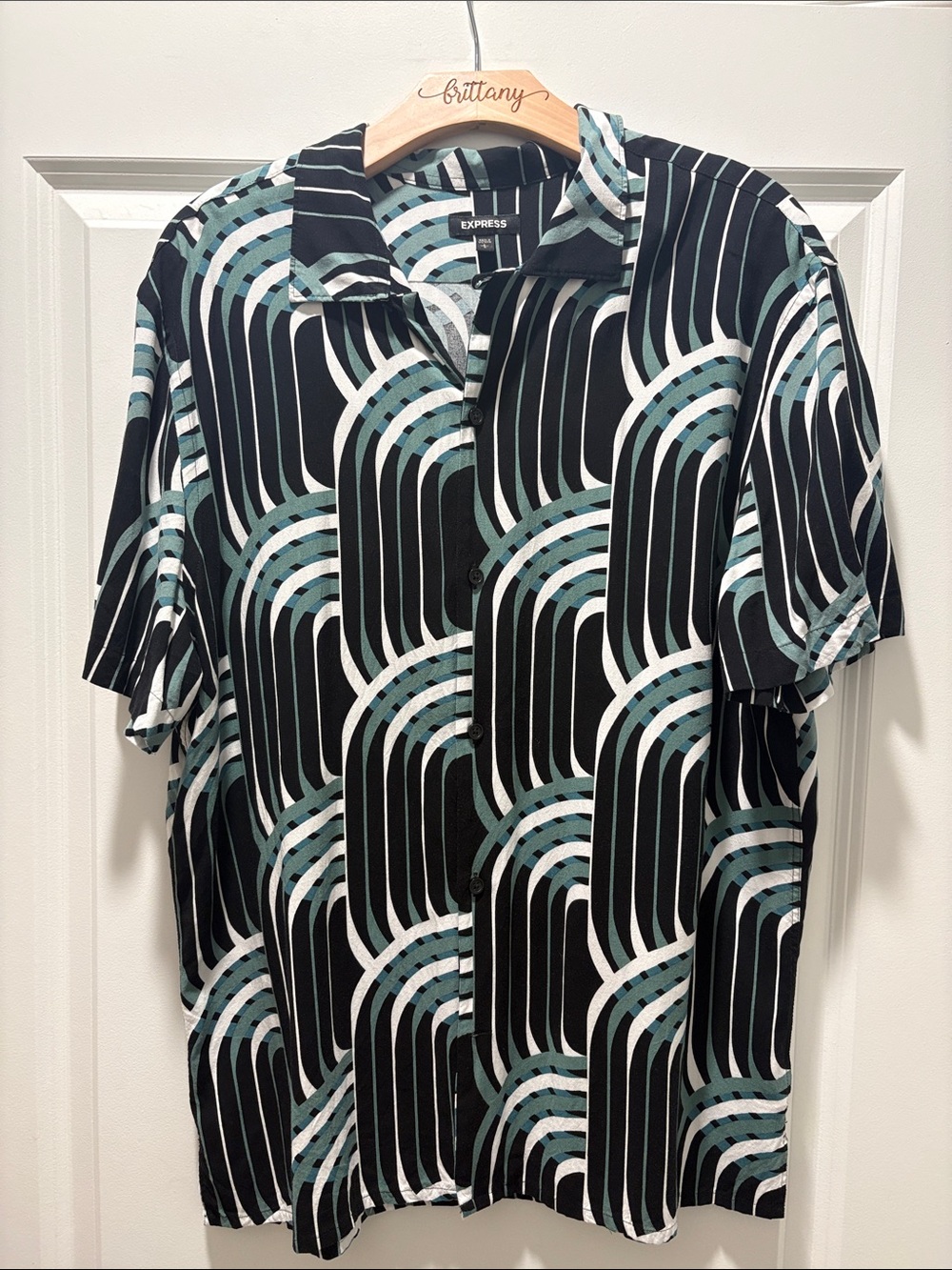Express Men’s Short Sleeve Button-Down Shirt - Black with Teal and White Pattern
